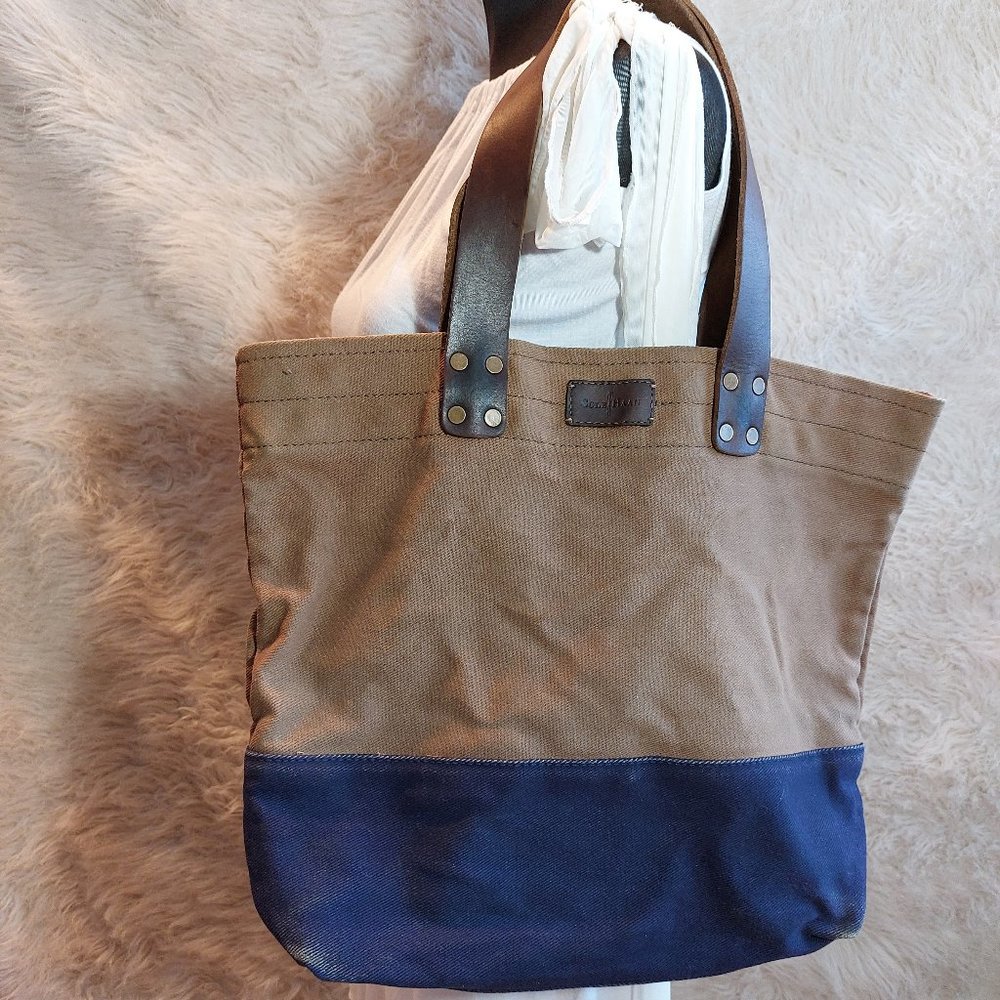 Cole Haan Blue and Tan Leather Handles Canvas Tote
